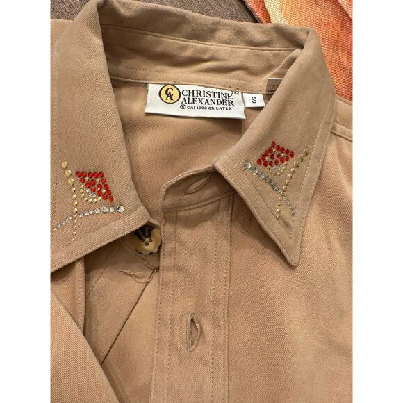 CHRISTINE ALEXANDER Tan Button Down Bling Crystal Western Top | SMALL - Picture 8 of 8